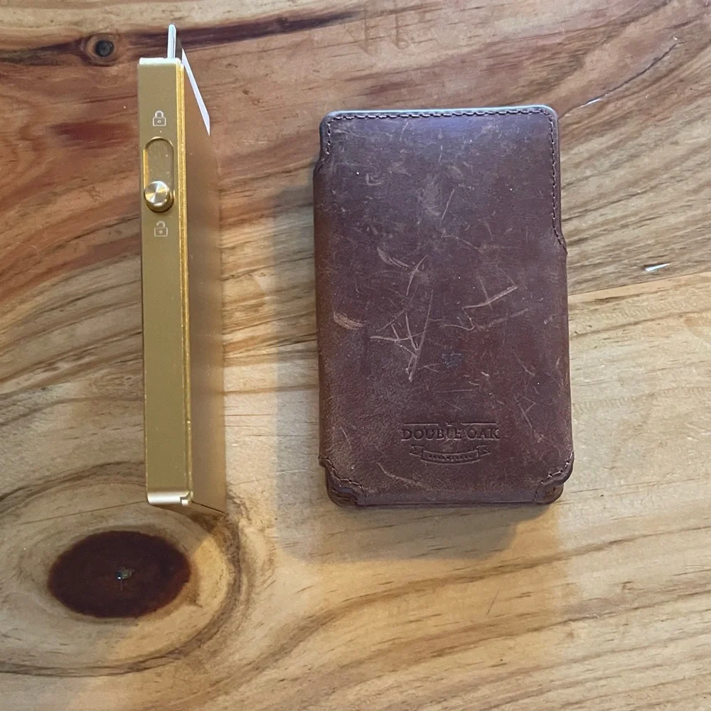 Spring Loaded Leather Money Clip Card Wallet in Brown and Gold